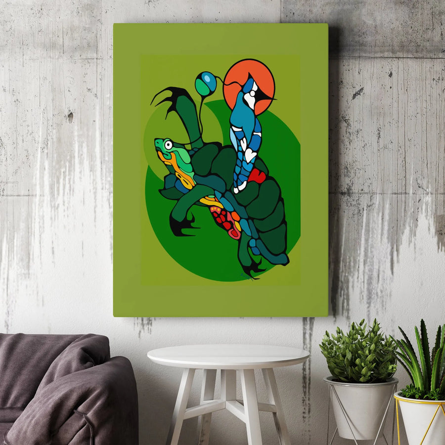 Folk Art Turtle and Bird Canvas | Vibrant Woodland Art Style Illustration | Premium 1.25" Thick Gallery Wrap | Collector's Gift for Eclectic Home Decor