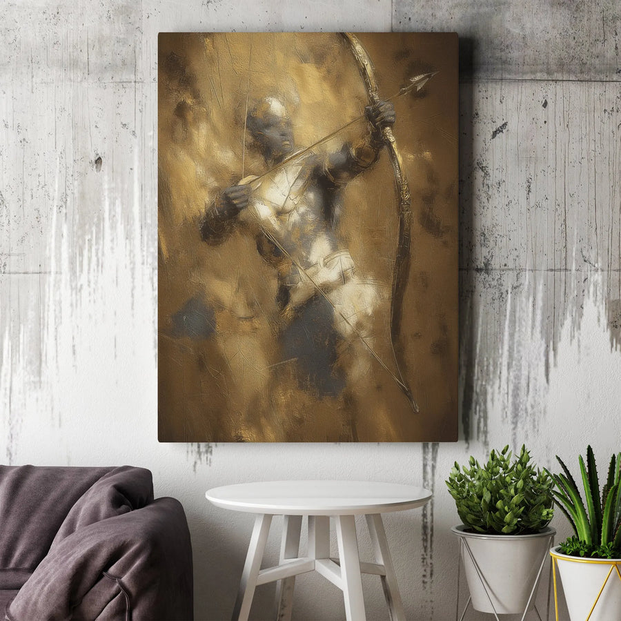 Golden Archer Canvas Wall Art | Abstract Gold Warrior Painting | Premium Textured Canvas Print | Man Cave & Office Decor Gift