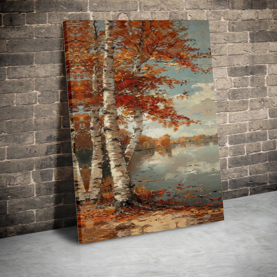 Autumn Birch Tree Canvas Art | Lake Landscape Painting | Premium Gallery Wrap Wall Decor | Fall Nature Home Decor for Living Room