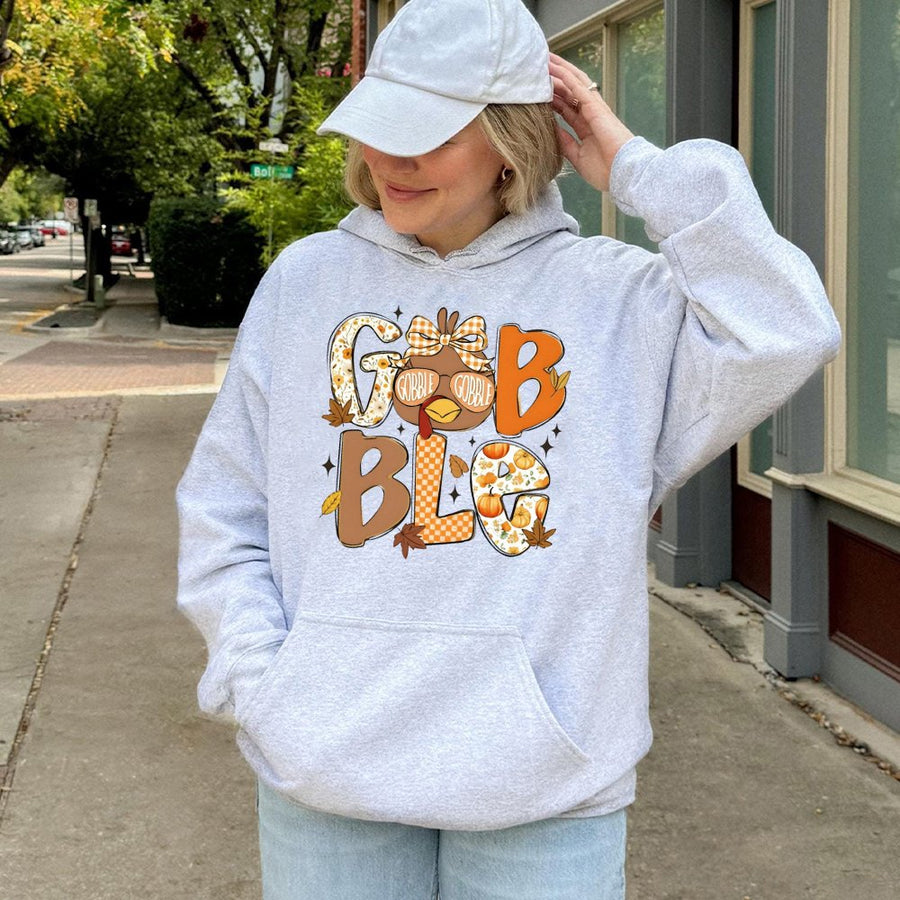 Gobble Turkey Hoodie | Cute Fall Thanksgiving Graphic Design | Soft Cotton Blend | Festive Unisex Gift for Women and Men