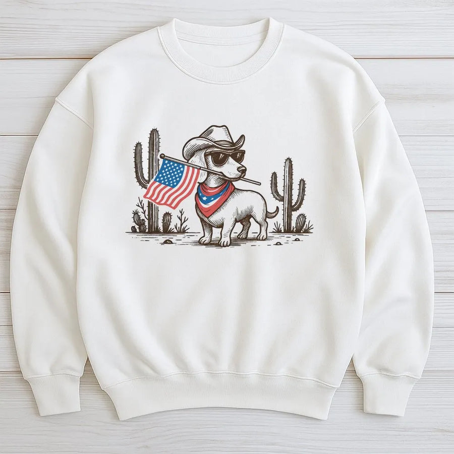 Patriotic Cowboy Dachshund Sweatshirt | Funny USA Flag Wiener Dog Graphic | Soft Cotton Unisex Tee | Gift for Dog Lovers on July 4th
