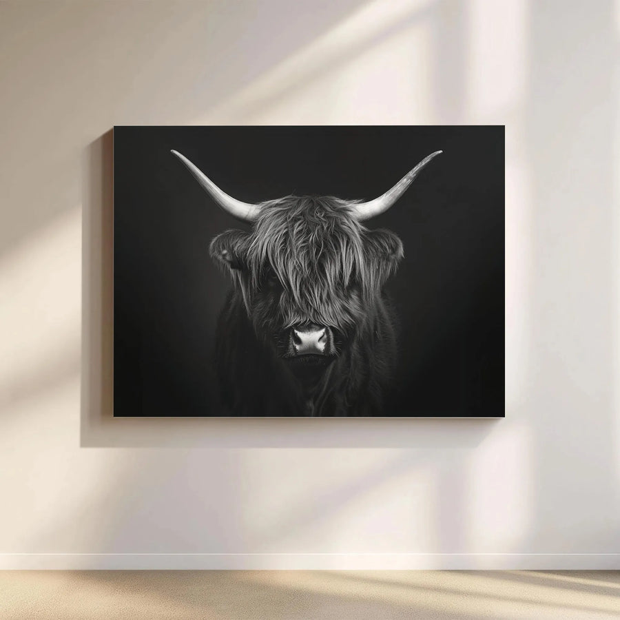 Highland Cow Canvas Wall Art | Monochrome Farmhouse Portrait | 1.25-Inch Gallery Wrap | Minimalist Modern Home Decor Gift
