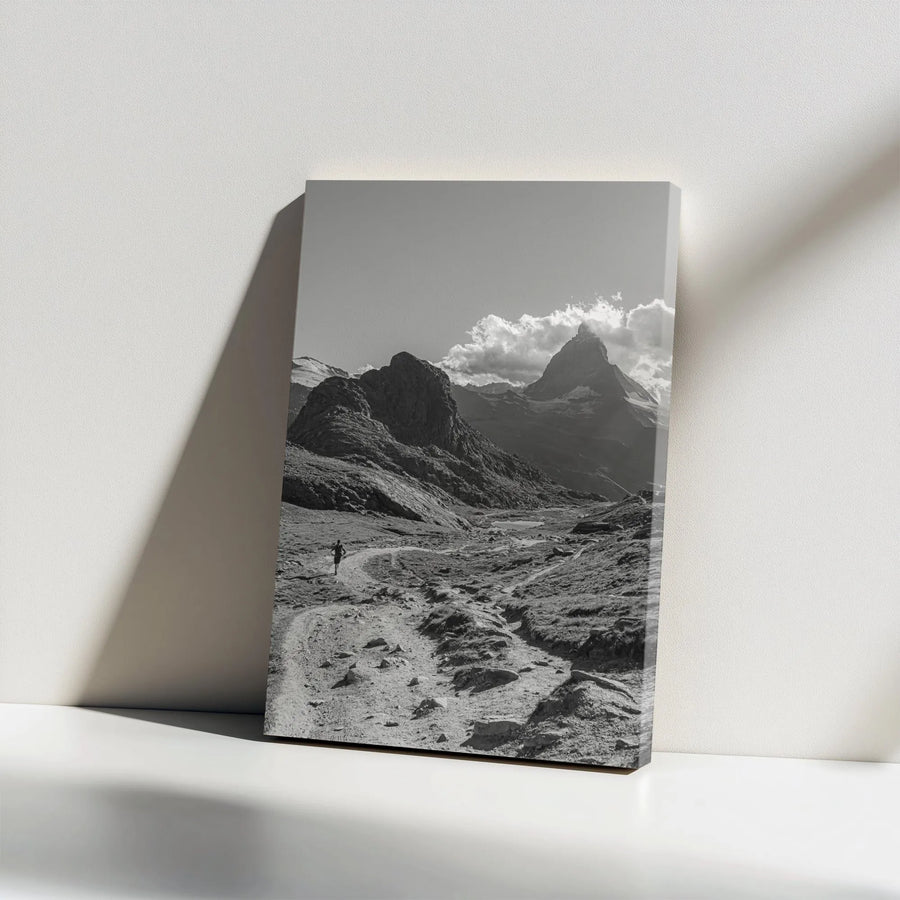 Matterhorn Mountain Canvas Wall Art | Black and White Hiker Landscape | Premium Gallery Wrap Print | Adventure Decor Gift for Hikers
