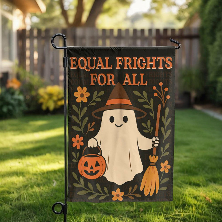 Equal Frights For All Garden Flag | Cute Ghost Witch Halloween Decor | Weather-Resistant Polyester | Seasonal Yard Sign Gift