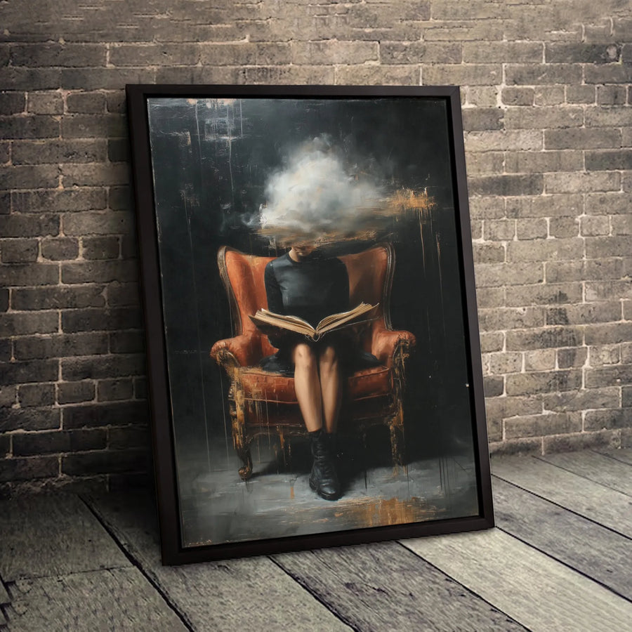 Surreal Woman Reading Book Canvas | Dreamy Cloud Head Art | Gallery Quality 1.25 Inch Thick Wrap | Modern Gothic Home Decor Gift