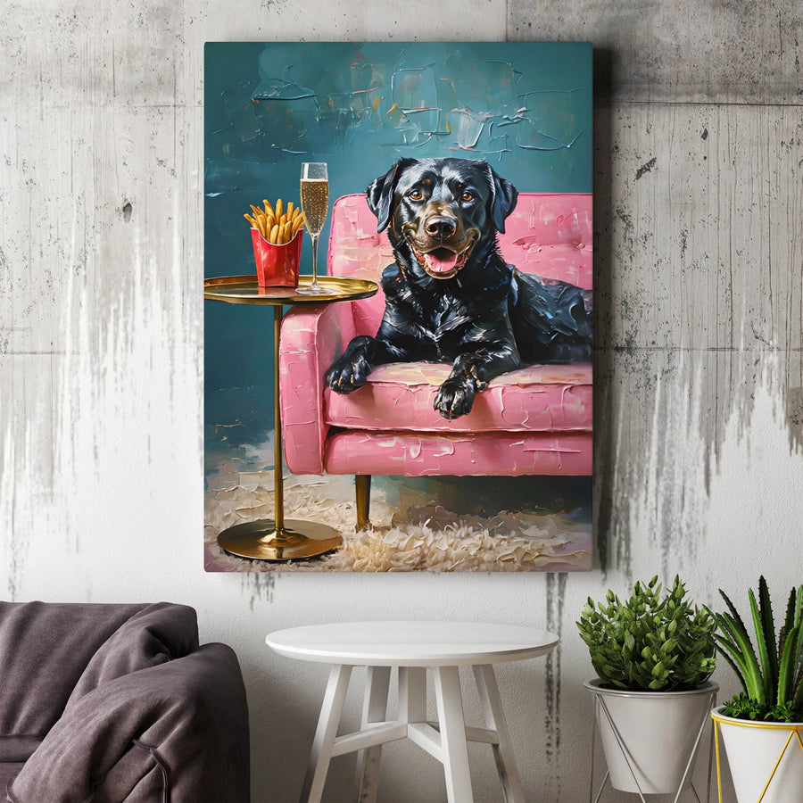 Black Labrador Canvas Art | Whimsical Dog Drinking Champagne & Fries Oil Painting Style | Premium Gallery Wrap Wall Decor | Unique Pet Lover Gift Idea