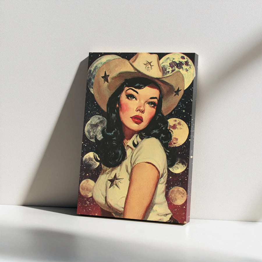 Space Cowgirl Canvas Print | Retro Sci-Fi Pinup Illustration | Premium Gallery Wrapped Canvas | Eclectic Home Decor Gift