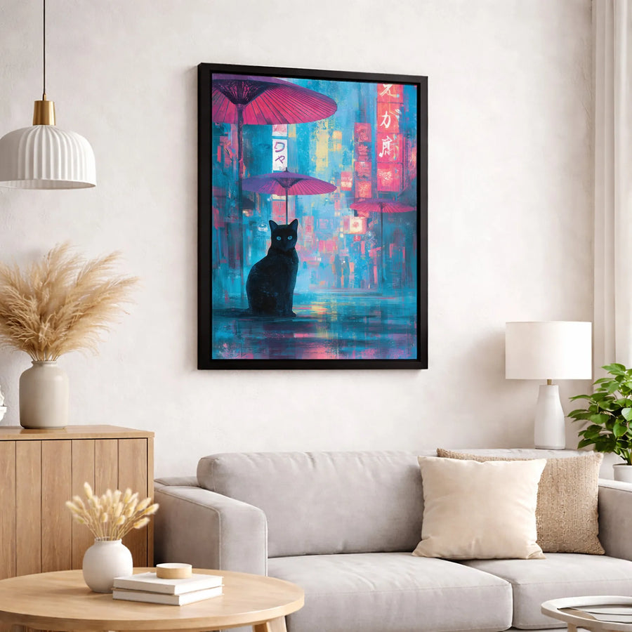 Cyberpunk Black Cat Canvas Wall Art | Rainy Japanese Street Neon Decor | Premium Gallery Wrap Print | Unique Gift for Anime Fans
