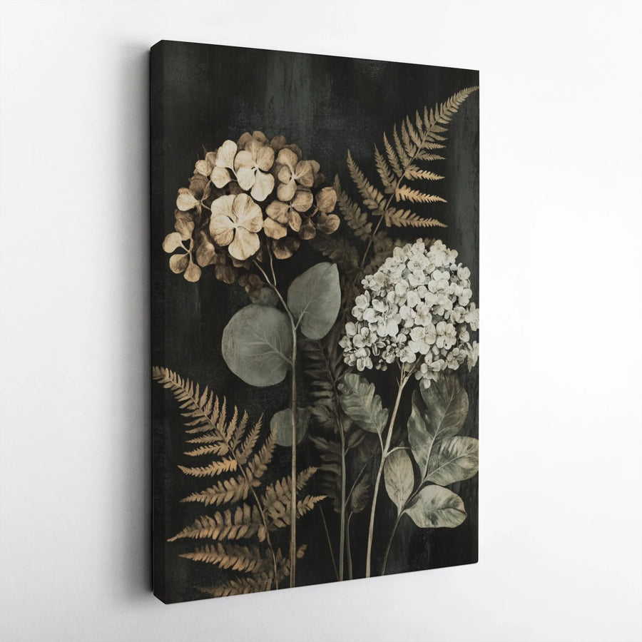 Dark Botanical Wall Art | Moody Hydrangea and Fern Canvas | Premium 1.25" Gallery Profile | Elegant Floral Home Decor