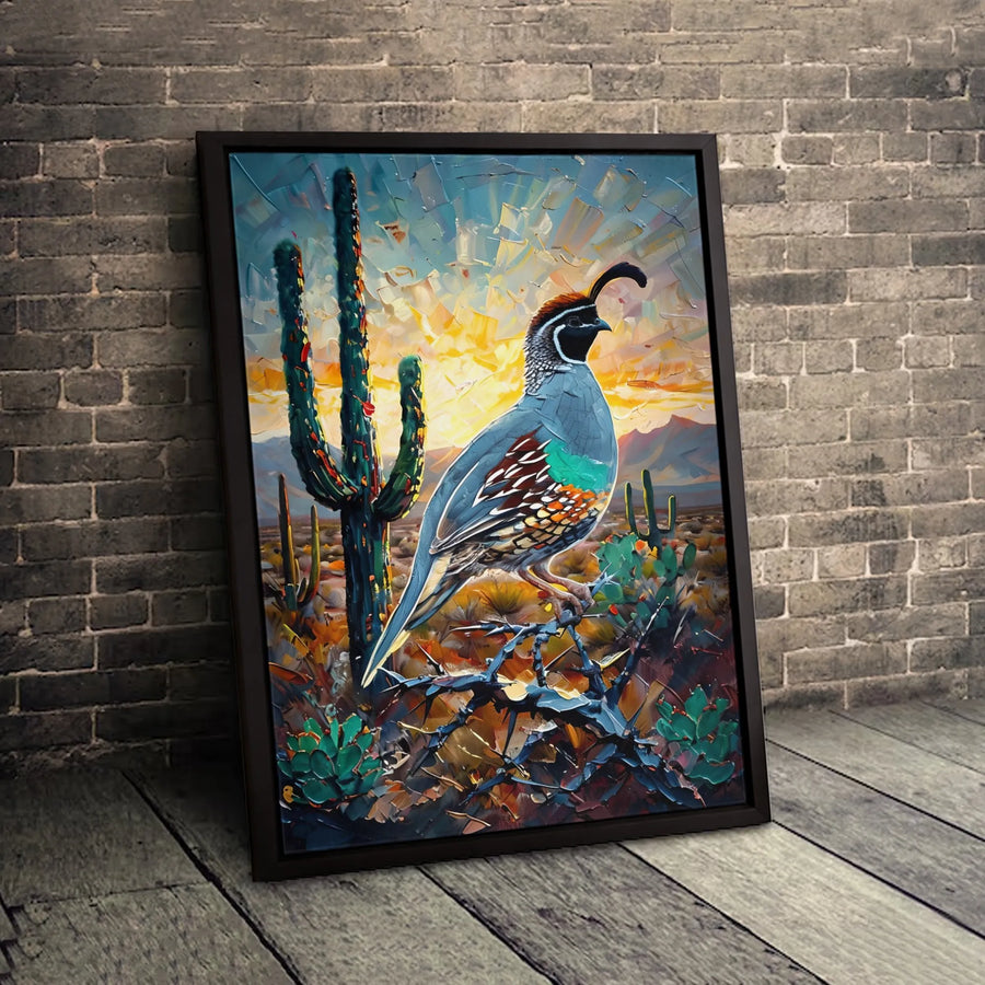 Desert Quail Wall Art | Impasto Saguaro Cactus Canvas Print | 1.25 Inch Gallery Wrap | Southwestern Home Decor Gift