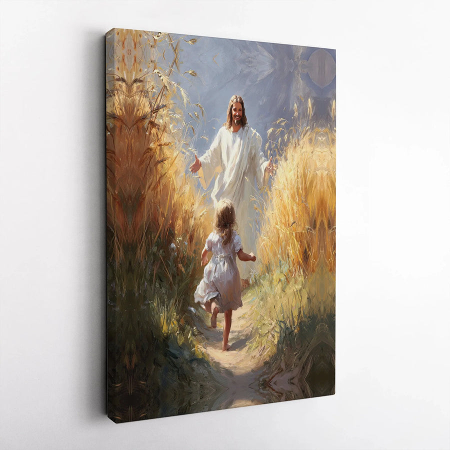 Jesus With Girl In Wheat Field Canvas Art | Religious Wall Decor | Premium Fade-Resistant Print | Spiritual Christian Gift for Home