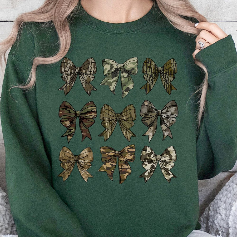 Camo Bow Sweatshirt | Aesthetic Coquette Ribbon Graphic Print | Premium Soft Cotton Blend | Trendy Preppy Hunting Gift for Women