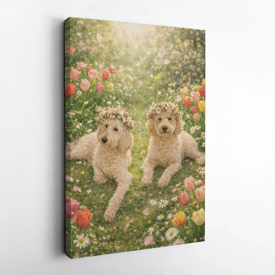 Goldendoodle Canvas Wall Art | Two Doodles with Flower Crowns in Spring Garden | Premium Gallery Wrapped Canvas | Gift for Dog Lover & Cottagecore Decor