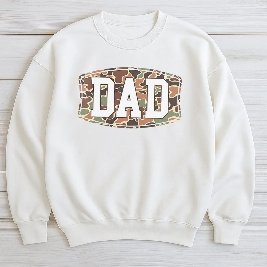Camo Dad Hoodie Sweatshirt | Camouflage Hunting Print with Large Back Graphic | Premium Cotton-Poly Blend | Father’s Day Gift for Dad, Papa, Outdoorsman