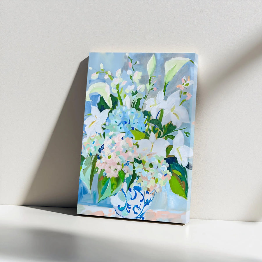 Impressionist Floral Canvas Print | Hydrangea & Lily Bouquet in Chinoiserie Vase | Premium Gallery Wrapped Canvas | Modern Farmhouse Living Room Decor Gift