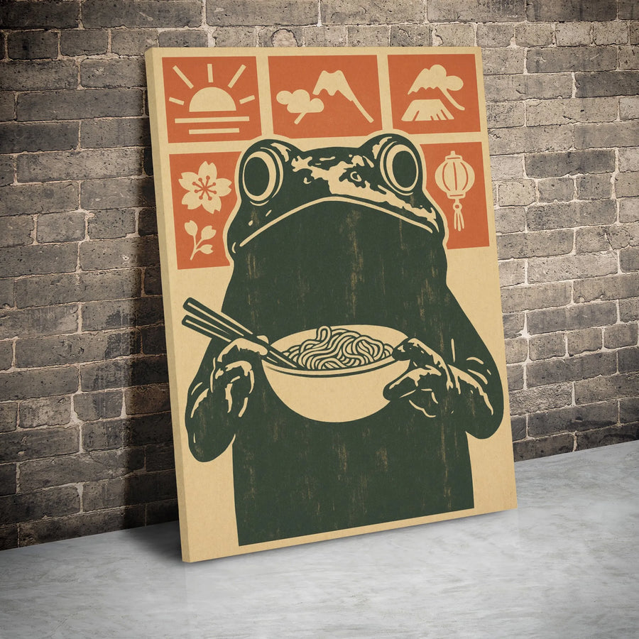 Japanese Ramen Frog Wall Art | Vintage Aesthetic Mt Fuji Canvas Print | 1.25-Inch Gallery Wrap | Premium Decor for Kitchen or Dining Room
