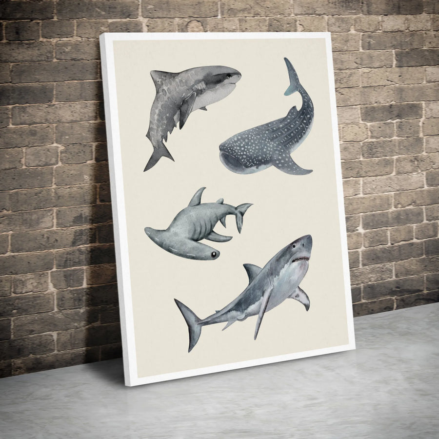 Shark Wall Art Canvas | Watercolor Ocean Animal Illustration | Premium 1.25-Inch Gallery Wrap | Coastal Home Decor Gift for Ocean Lovers