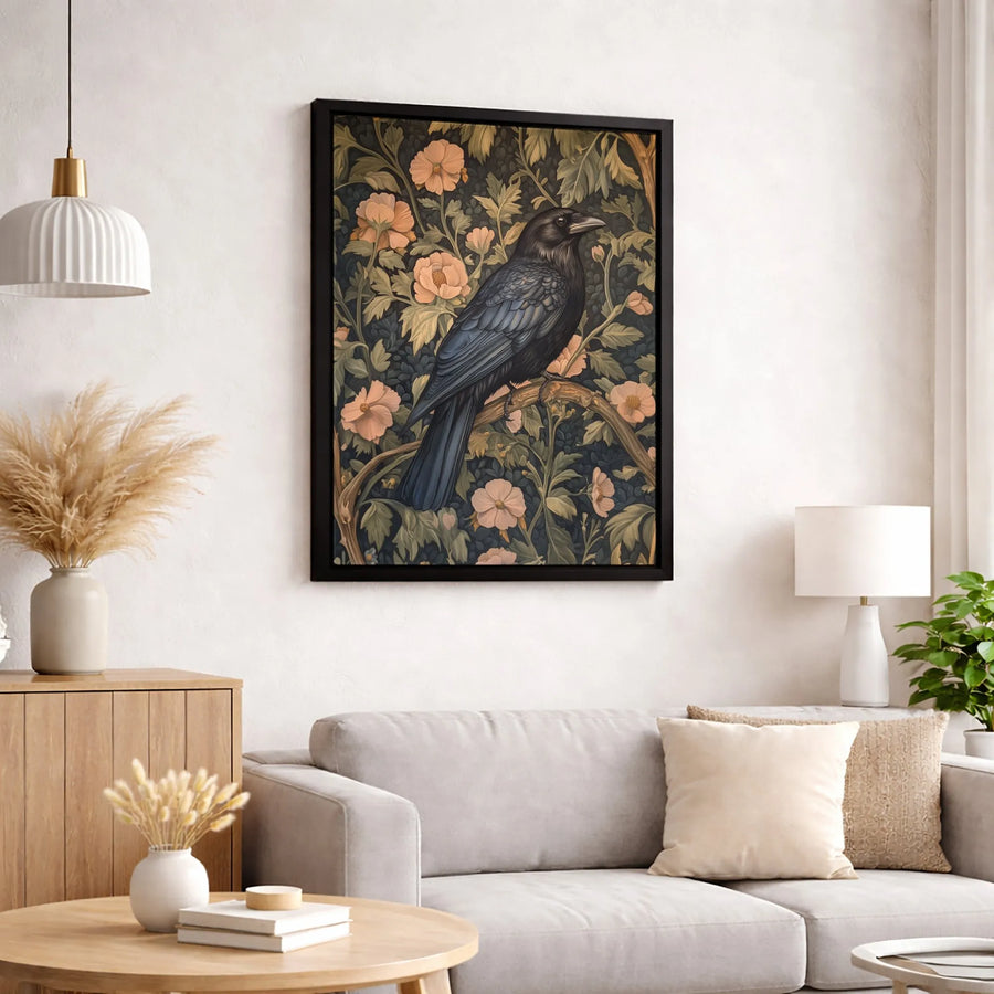 Dark Academia Raven Canvas | Vintage Floral Bird Wall Art | 1.25 Inch Gallery Wrap | Gothic Home Office Decor Gift