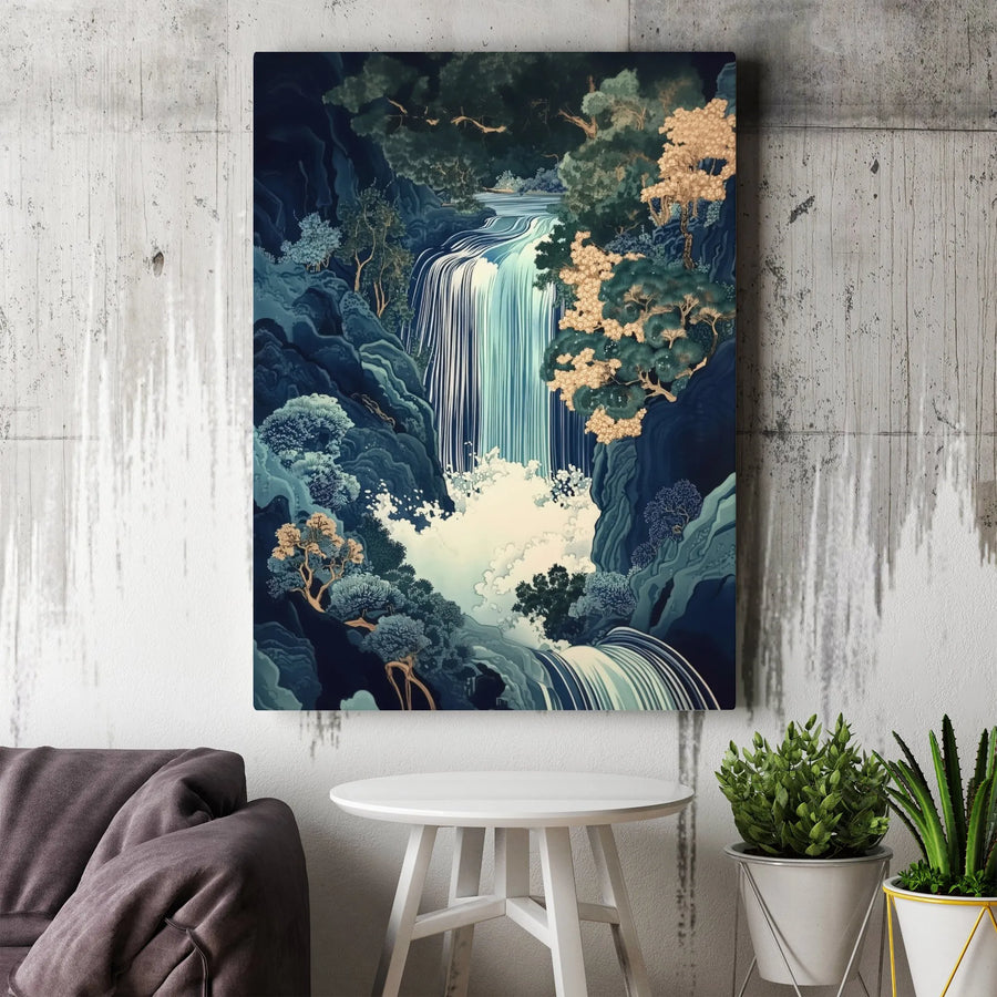 Japanese Waterfall Wall Art | Ukiyo-e Inspired Forest Landscape | Premium 1.25" Gallery Wrapped Canvas | Modern Home Decor Gift