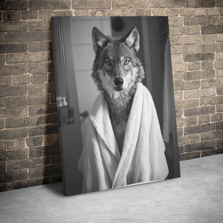 Wolf in Bathrobe Canvas Print | Whimsical Bathroom Wall Art | Premium Gallery Wrap Decor | Funny Animal Portrait for Home Office