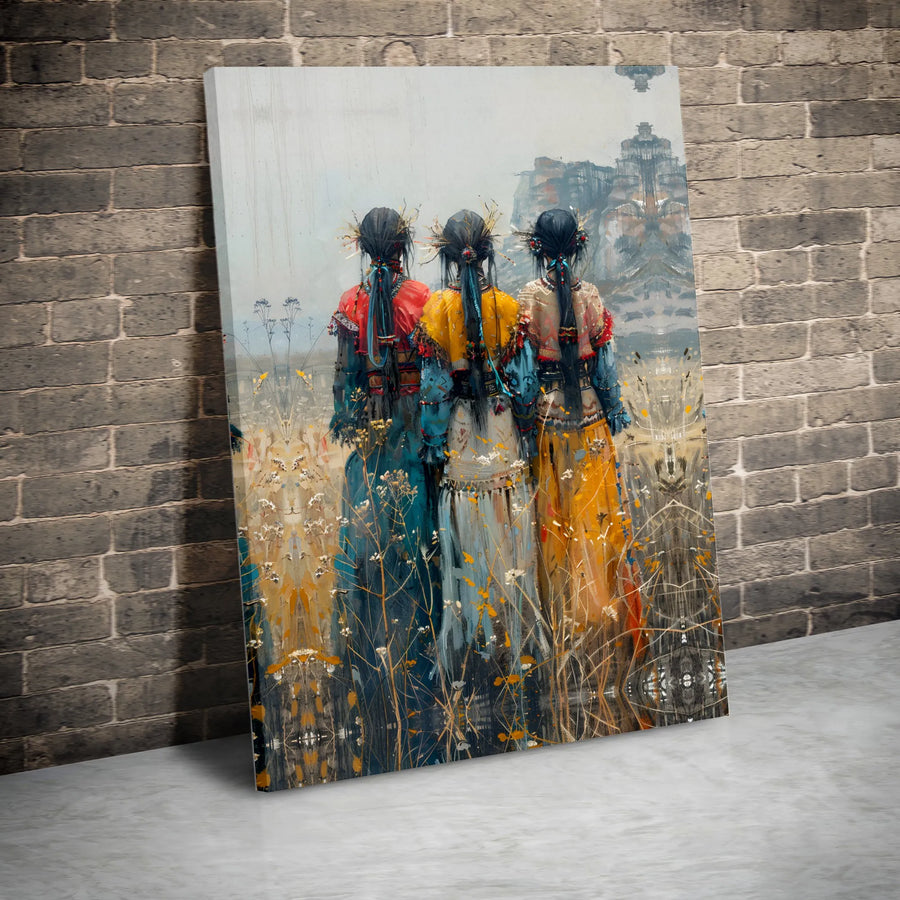 Bohemian Three Sisters Canvas Print | Abstract Folk Art Painting in Wildflower Field | Premium Gallery Wrapped Canvas | Boho Wall Decor for Living Room Gift