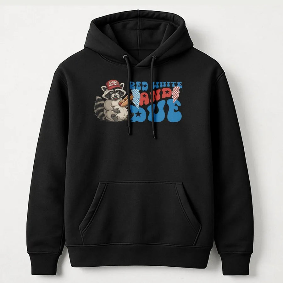 Red White and Due Hoodie | Funny Raccoon 4th of July Graphic | Premium Cotton Blend | Gift for Expecting Mom & Baby Announcement