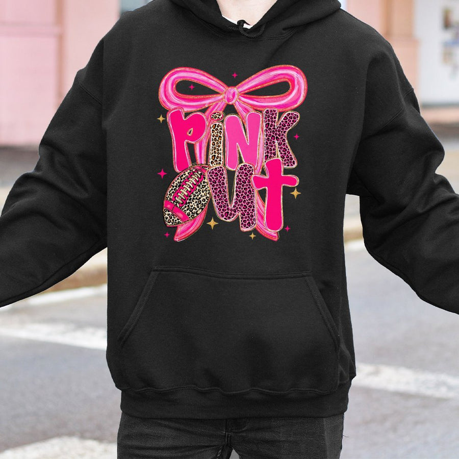 Pink Out Football Hoodie | Coquette Bow and Leopard Print Design | Premium Cotton Blend | Breast Cancer Awareness Game Day Gift for Women