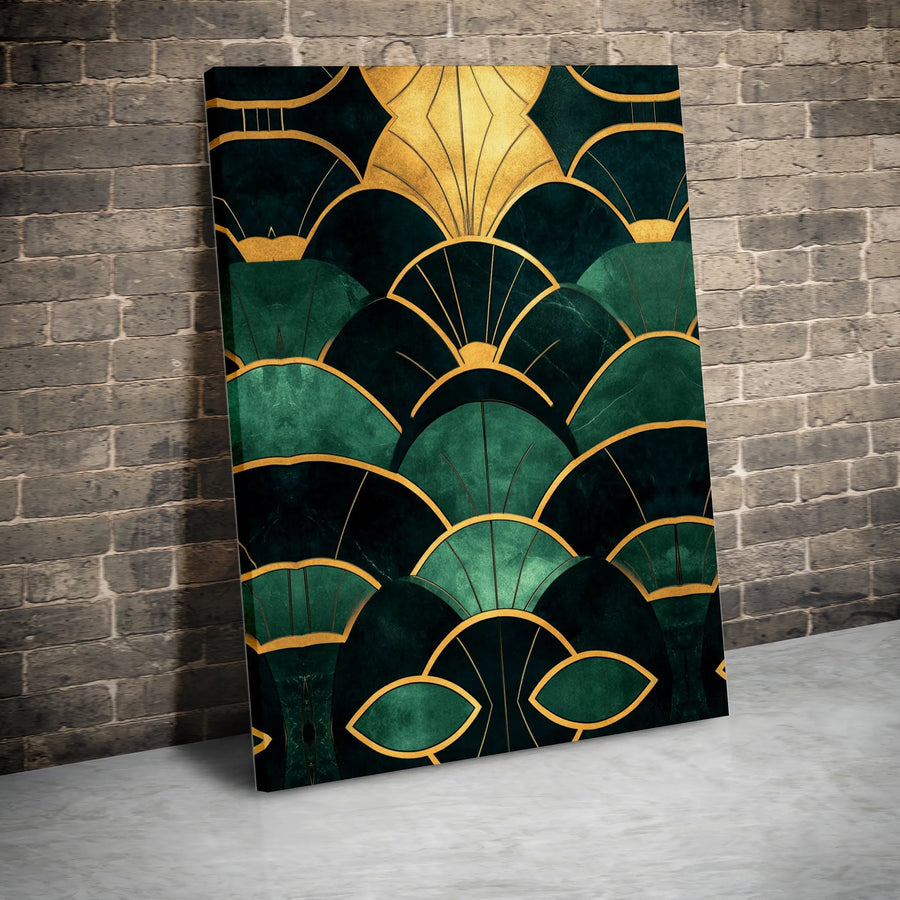 Art Deco Canvas Print | Emerald Green and Gold Geometric Pattern | Premium Thick Gallery Wrap Wall Art | Modern Living Room Home Decor Gift