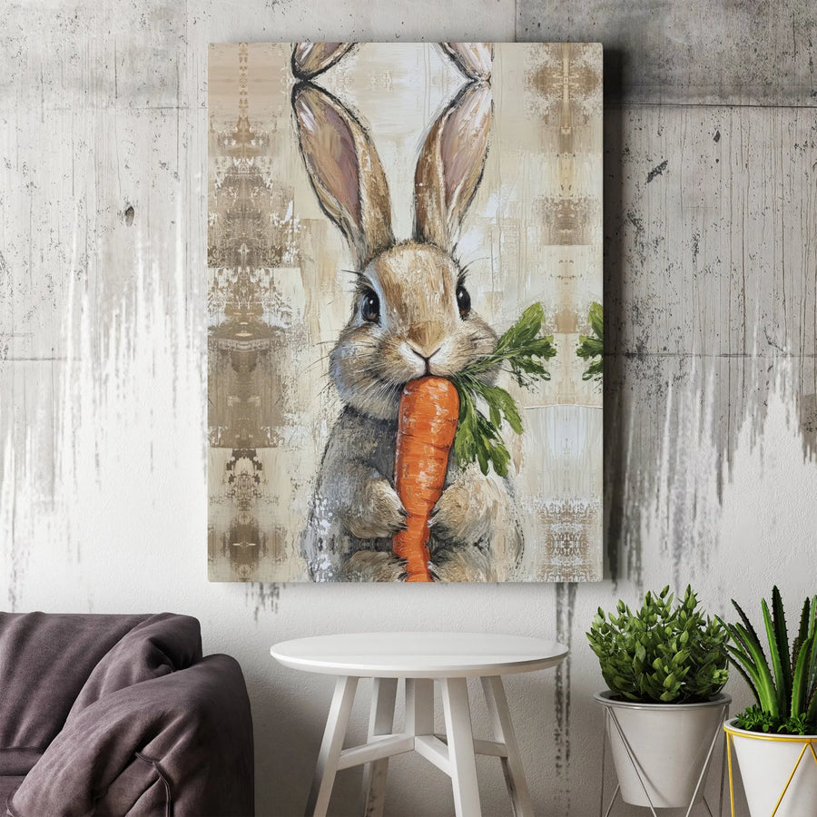 Rabbit with Carrot Canvas Wall Art | Rustic Bunny Painting with Textured Detail | Premium Gallery Wrap | Nursery & Kitchen Decor Gift