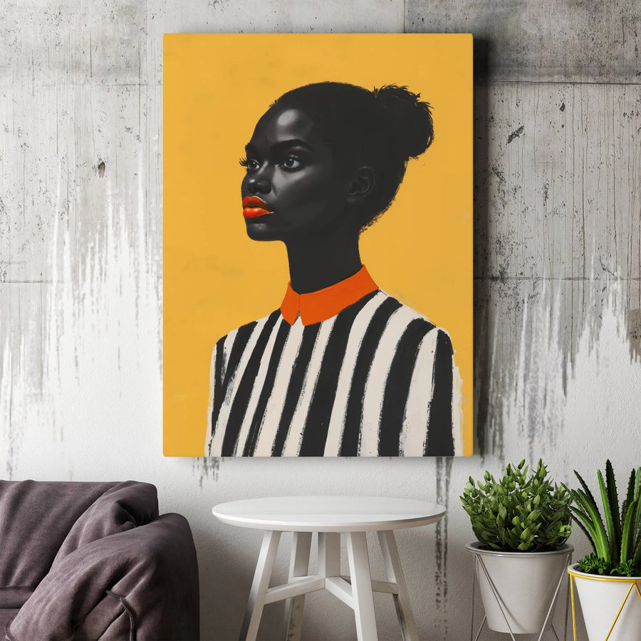 Black Woman Portrait Canvas Art | Minimalist Striped Outfit With Orange Accents | Premium Gallery Wrap Wall Decor | Modern Living Room Gift