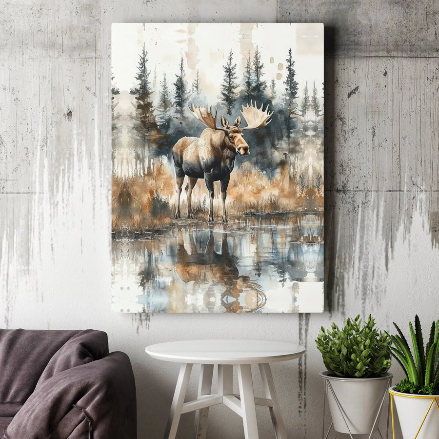 Moose Canvas Wall Art | Watercolor Forest Landscape with Reflection | Premium Fade-Resistant Print | Rustic Cabin Decor Gift for Nature Lovers