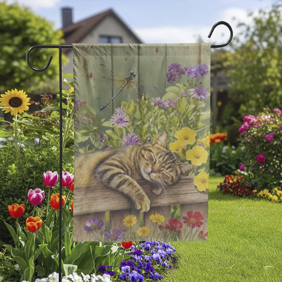Sleeping Cat Garden Flag | Vintage Floral Illustration with Dragonfly | Premium Double Sided Polyester | Gift for Cat Lover Yard Decor