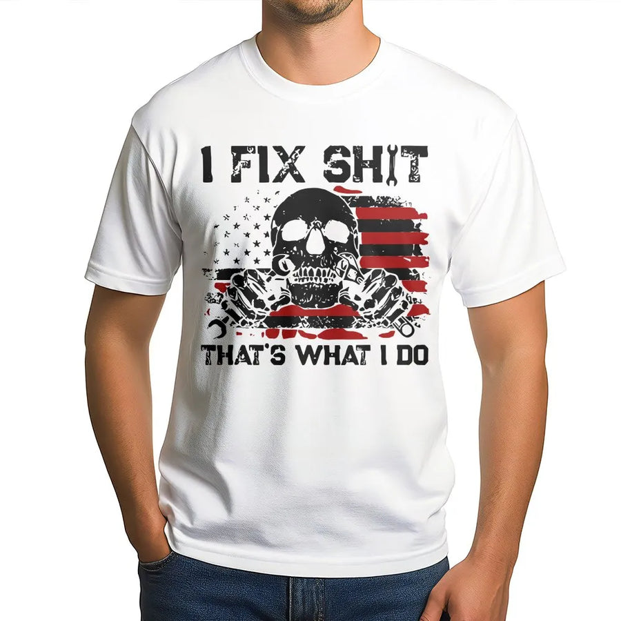 Mechanic T-Shirt | I Fix Shit That’s What I Do Graphic | 100% Soft Cotton Premium Tee | Patriotic Skull Gift for Men, Handyman, Automotive Engineer