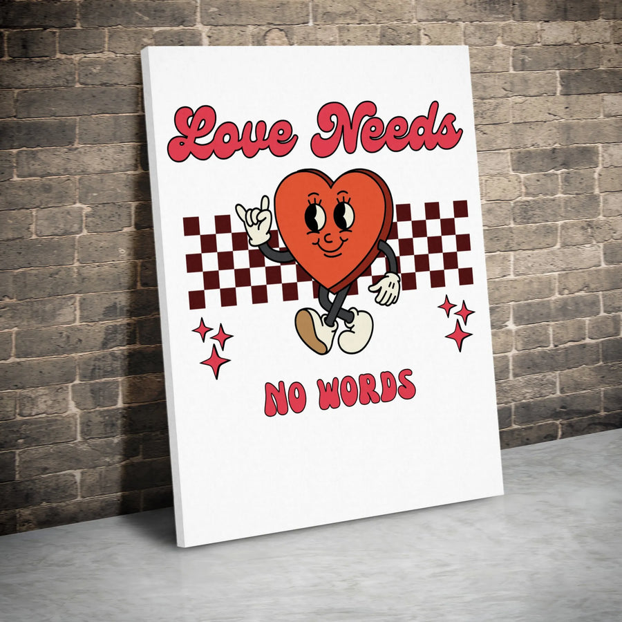 Love Needs No Words Canvas Wall Art | Retro Cartoon Heart Illustration | Premium Fade-Resistant Gallery Wrap | Romantic Home Decor Gift