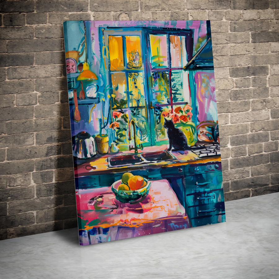 Black Cat Kitchen Canvas Wall Art | Vibrant Impressionist Painting Print | Premium Fade-Resistant Canvas | Modern Home Decor Gift for Cat Lover