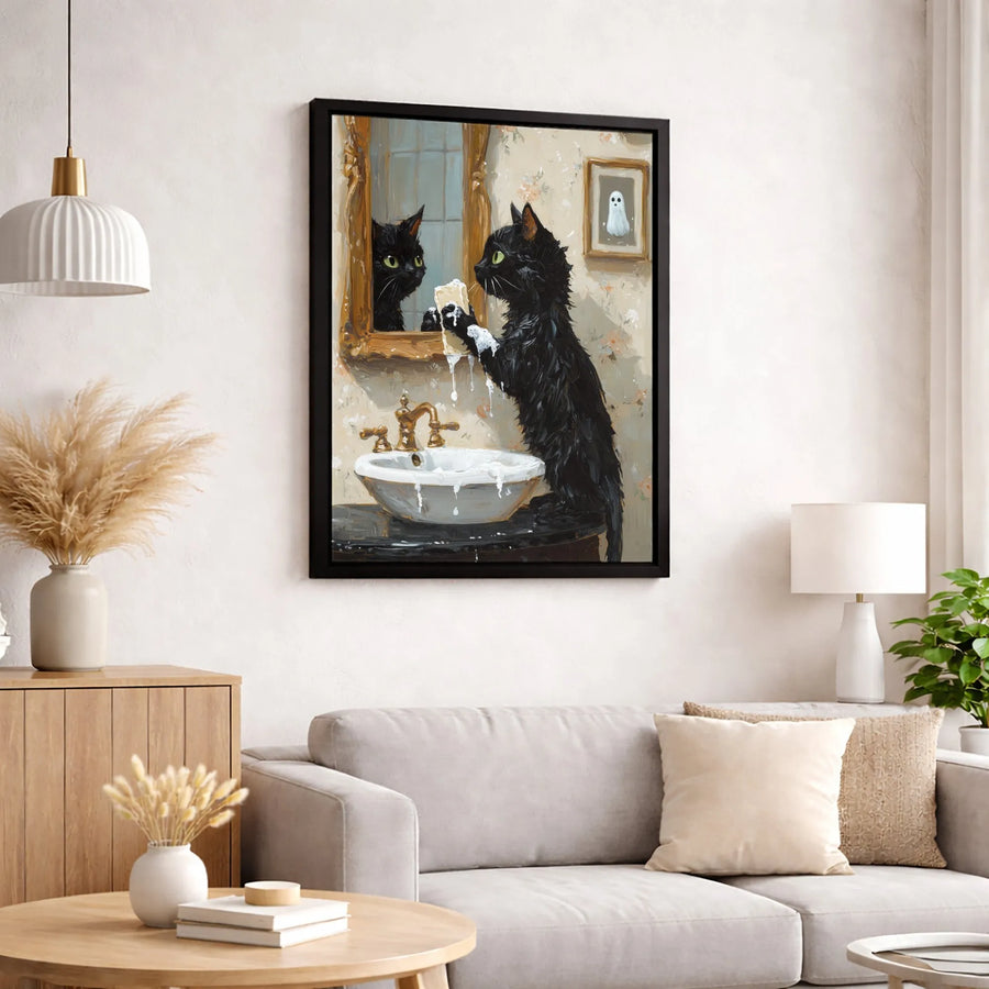 Black Cat Bathroom Wall Art | Whimsical Soap Washing Kitten Print | Premium Gallery Wrapped Canvas | Funny Home Decor Gift for Cat Lovers