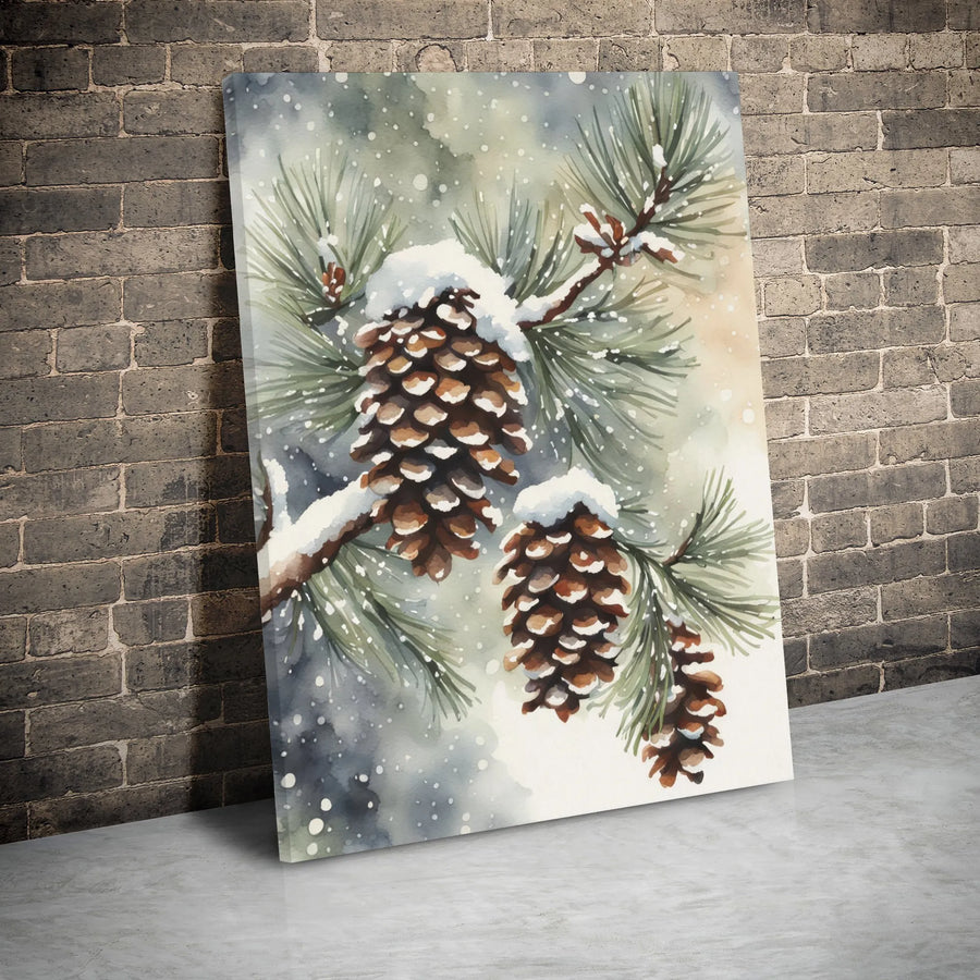 Snowy Pine Cones Canvas Wall Art | Watercolor Winter Botanical Decor | Premium Gallery Wrap | Cozy Holiday Home Gift