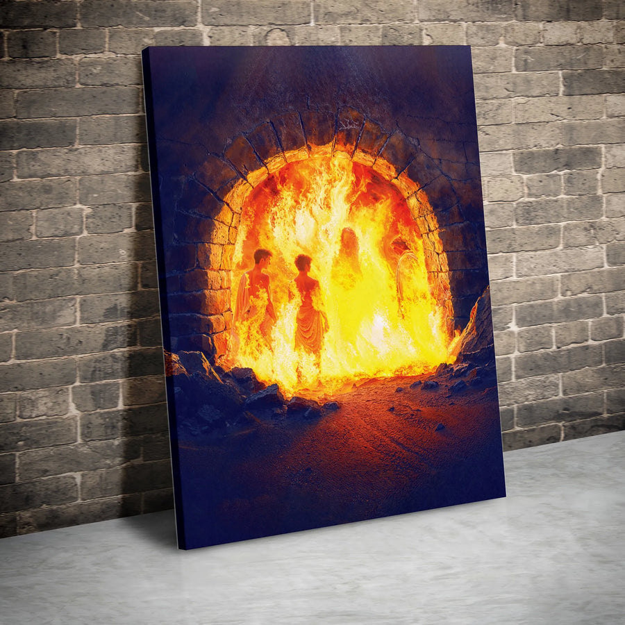 Shadrach Meshach and Abednego Wall Art | Fiery Furnace Biblical Scene | Premium Gallery Wrap Canvas | Christian Home Decor Gift