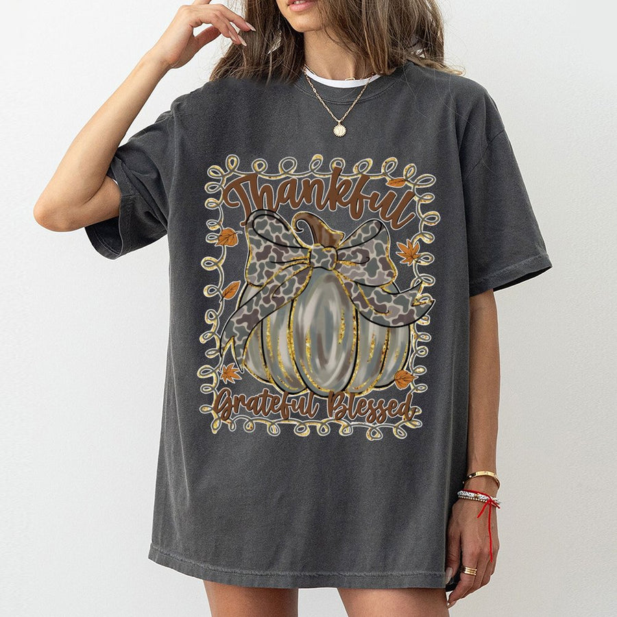 Thankful Grateful Pumpkin T-Shirt | Leopard Print Bow Fall Aesthetic | Premium 100% Cotton | Thanksgiving Graphic Tee Gift For Her