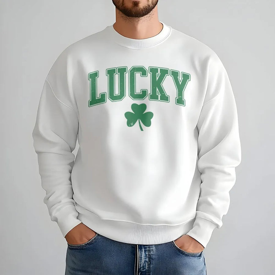 Lucky Shamrock Sweatshirt | Distressed Varsity Graphic Print | Premium Cotton Blend | St. Patrick's Day Irish Gift for Men and Women