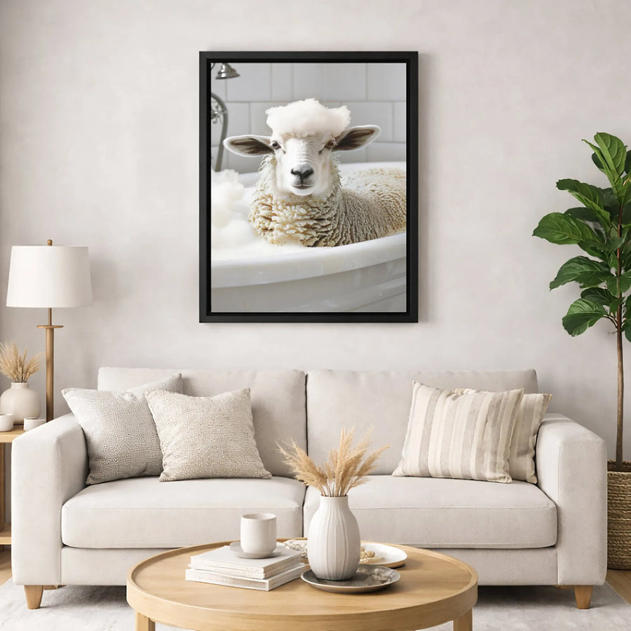 Funny Sheep Bubble Bath Canvas Print | Whimsical Farm Animal Bathroom Wall Art | Premium Gallery-Wrapped Decor | Unique Gift for Animal Lovers