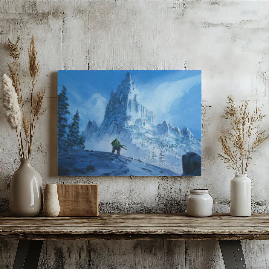 Fantasy Mountain Landscape Canvas | Snowy Castle & Hunter Art | Premium 1.25 Inch Gallery Wrap | Epic Wall Decor for Fantasy Fans