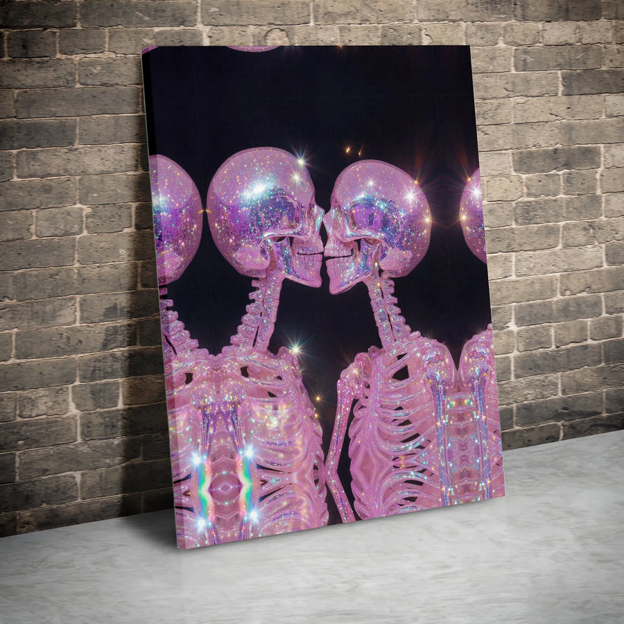 Kissing Skeletons Canvas Wall Art | Sparkly Pink Aesthetic Gothic Decor | Gallery-Quality 1.25 Inch Profile | Unique Romantic Gift for Couples