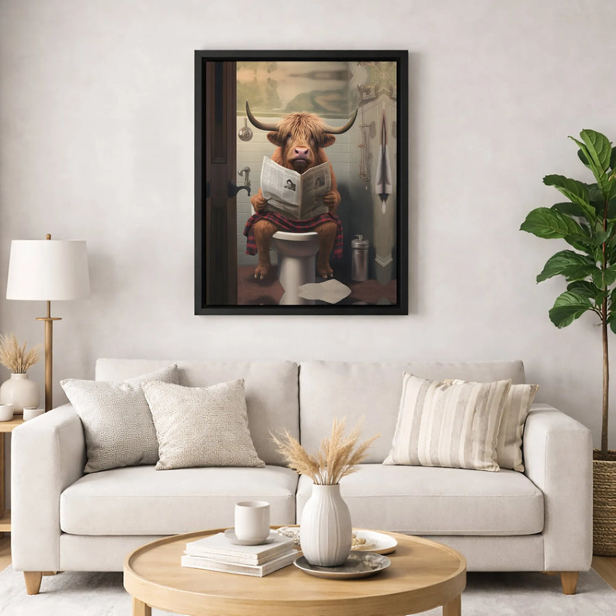 Highland Cow Bathroom Wall Art | Funny Toilet Reading Print | Gallery Quality 1.25 Inch Canvas | Humorous Farmhouse Home Decor Gift
