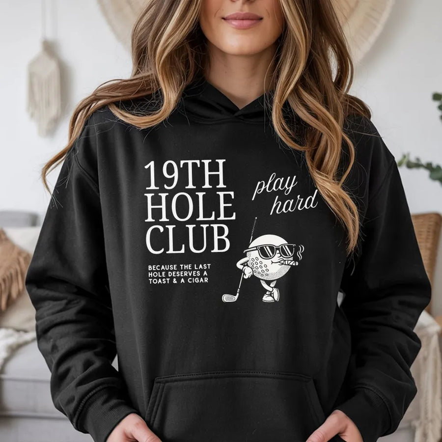 19th Hole Club Golf Hoodie | Funny Golfing Graphic with Cigar | Soft Cotton Blend Pullover | Premium Gift for Golfer
