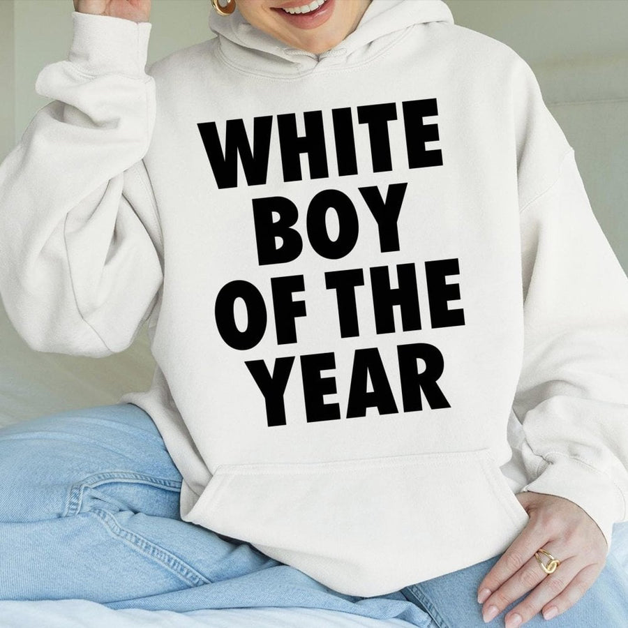 White Boy Of The Year Hoodie | Funny Graphic Text Sweatshirt | Premium Cotton-Blend | Trendy Gift For Boyfriend Or Husband