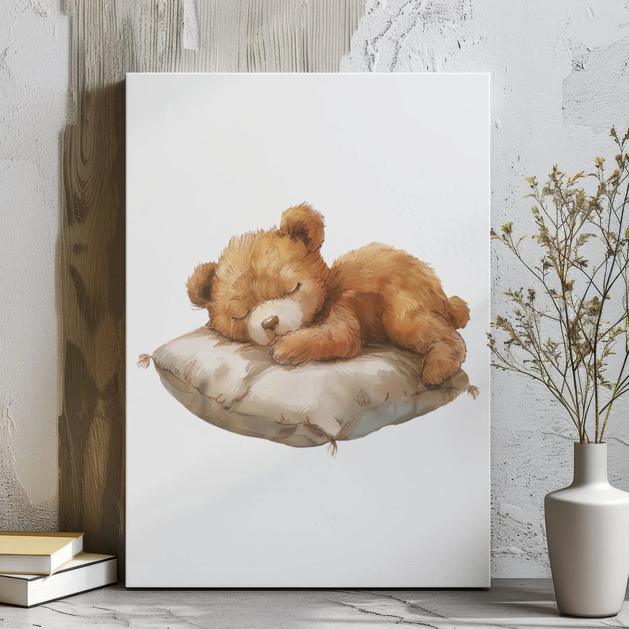 Sleeping Teddy Bear Canvas Wall Art | Watercolor Nursery Decor | 1.25 Inch Gallery Wrap | Cute Animal Gift for Baby Room