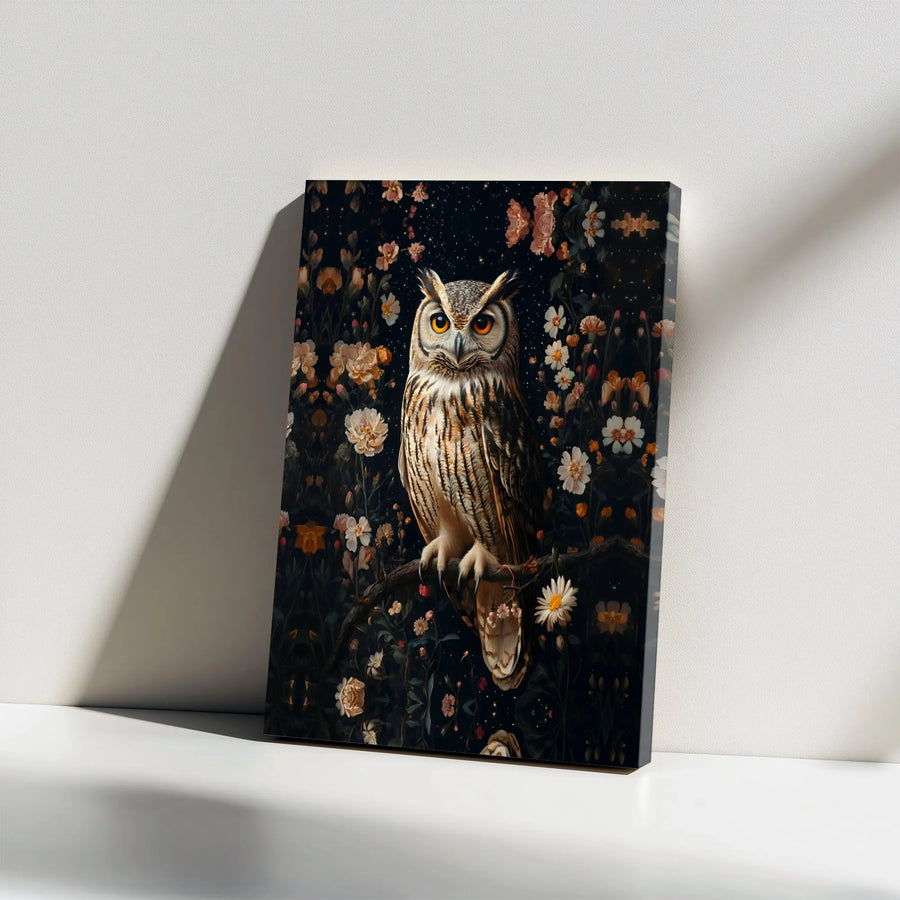 Great Horned Owl Wall Art | Floral Starry Night Canvas Print | Premium 1.25" Gallery Wrap | Nature-Inspired Home Decor Gift