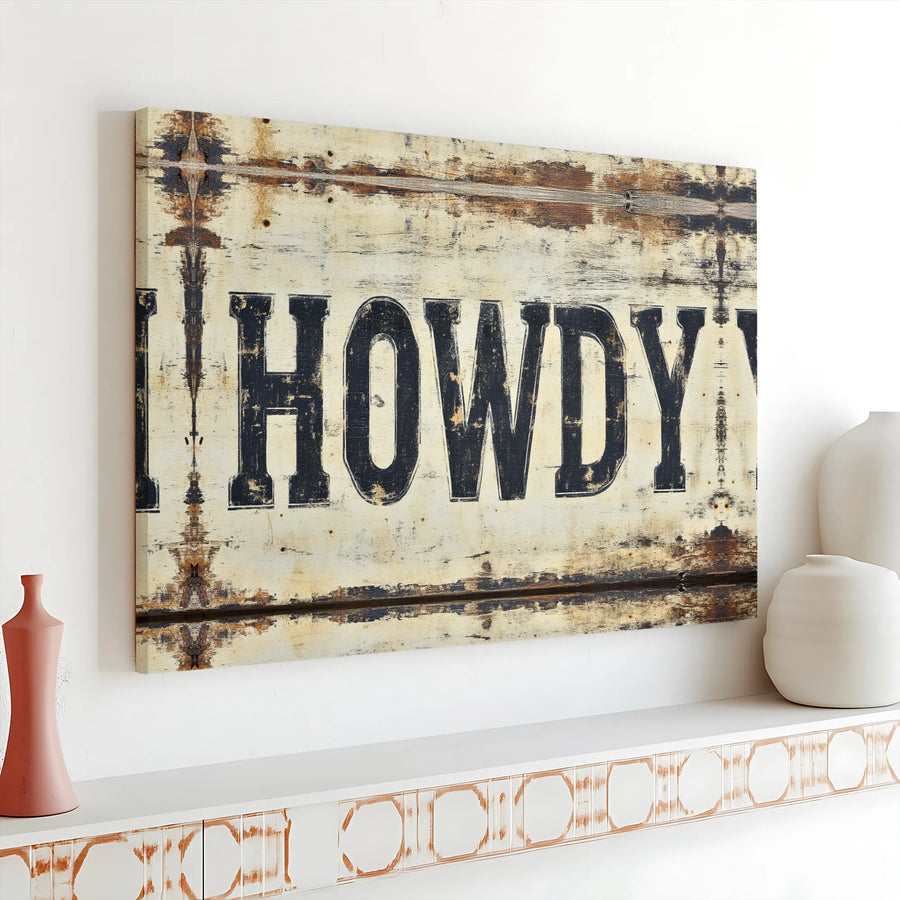 Howdy Wall Art Canvas | Rustic Distressed Wood Design | 1.25-Inch Premium Gallery Wrap | Western Farmhouse Home Decor Gift