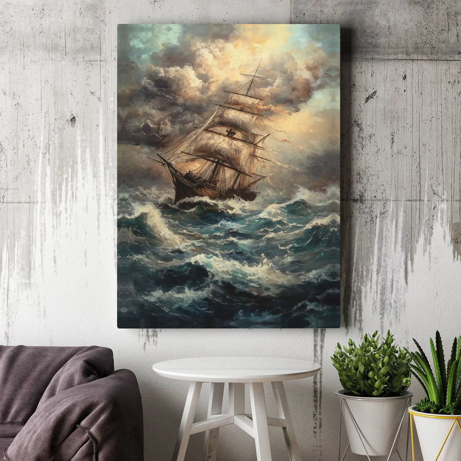 Tall Ship Stormy Sea Canvas Art | Dramatic Nautical Ocean Painting | Gallery Quality Premium Print | Home Office Wall Decor Gift